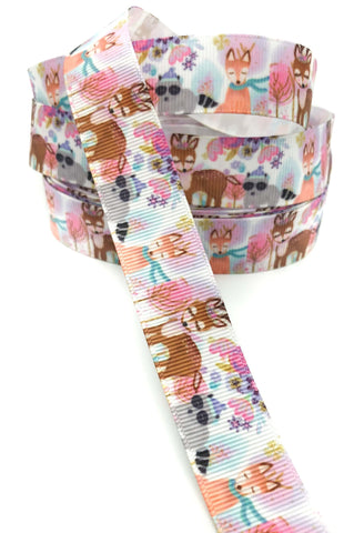 forest deer raccoon and fox 22mm wide grosgrain ribbon one yard