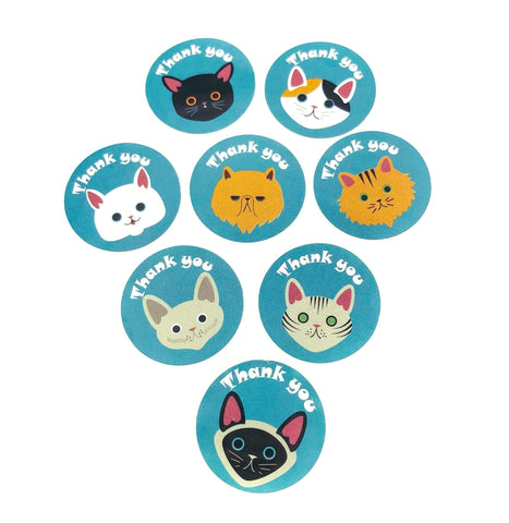 cat face faces thankyou thank you cats sticker stickers packaging cute kawaii uk stationery turquoise teal blue round 25mm set