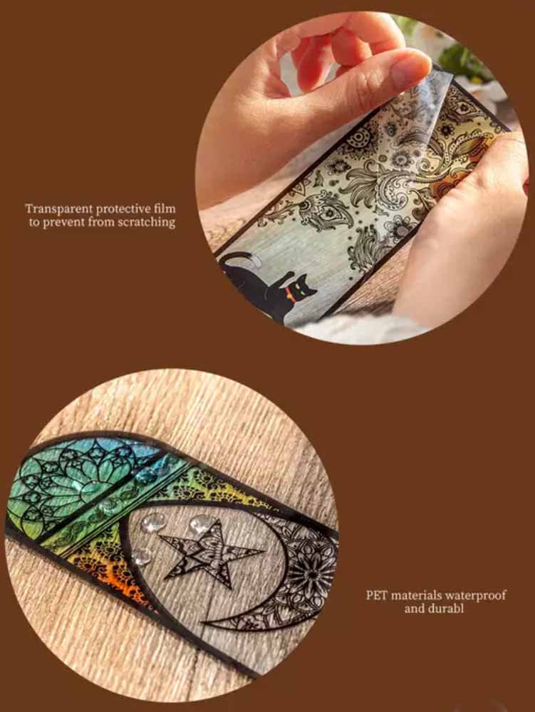 vibrant stainded glass effect plastic clear transparent cat bookmark bookmarks book mark black cats pretty cute kawaii stationery uk gift gifts window magic magical stars moon silhouette