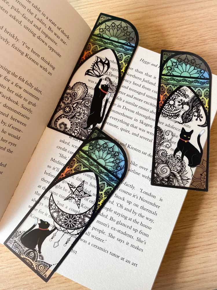 vibrant stainded glass effect plastic clear transparent cat bookmark bookmarks book mark black cats pretty cute kawaii stationery uk gift gifts window magic magical stars moon silhouette