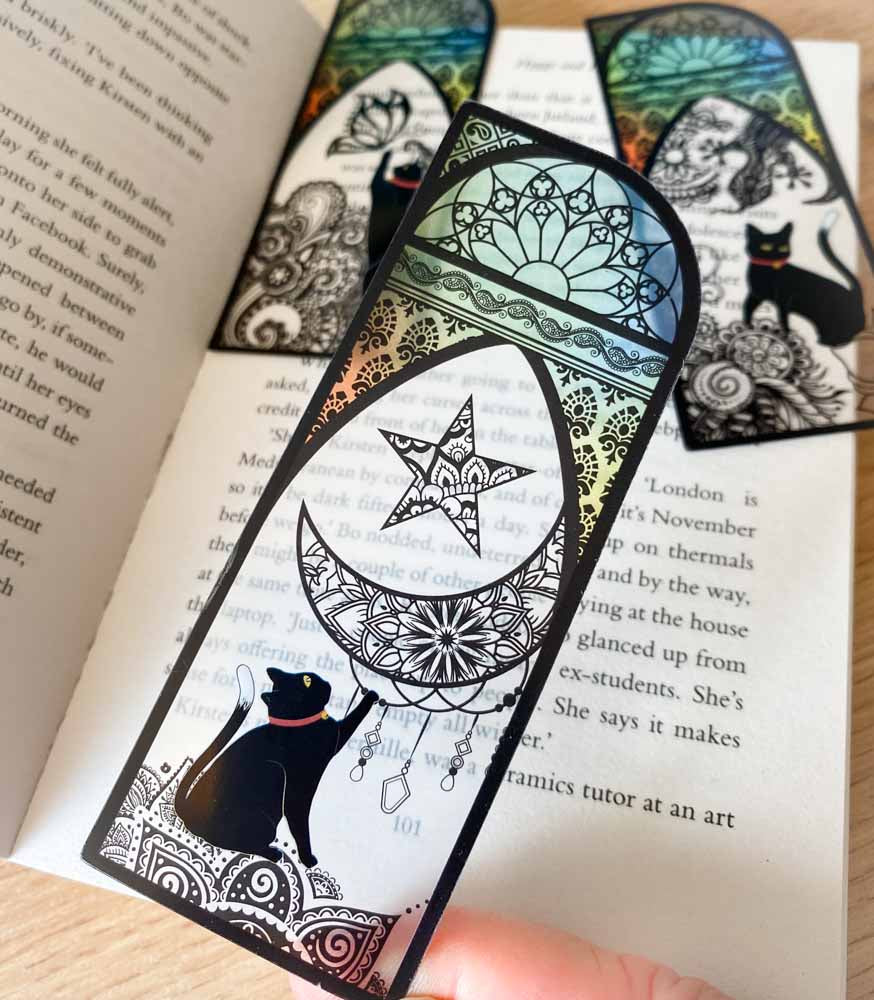 vibrant stainded glass effect plastic clear transparent cat bookmark bookmarks book mark black cats pretty cute kawaii stationery uk gift gifts window magic magical stars moon silhouette
