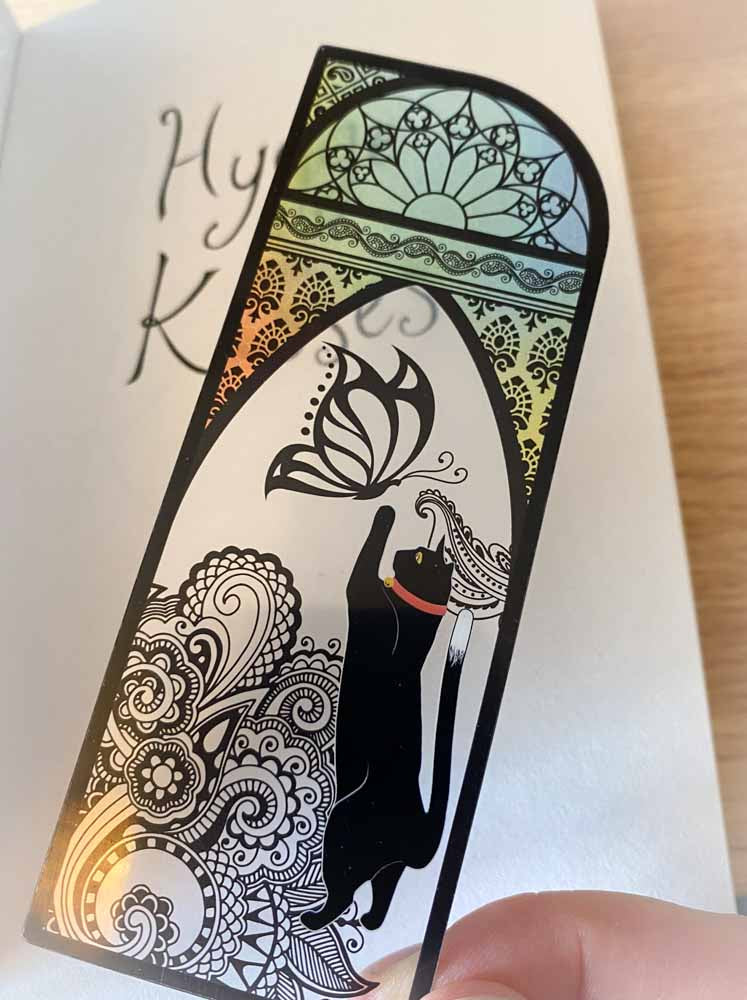 vibrant stainded glass effect plastic clear transparent cat bookmark bookmarks book mark black cats pretty cute kawaii stationery uk gift gifts window magic magical stars moon silhouette