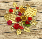 gold golden and red festive christmas flatback bundle craft bundles embellishment leaf leaves star holly flowers uk  fb flat back