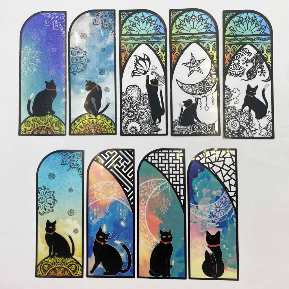 vibrant stainded glass effect plastic clear transparent cat bookmark bookmarks book mark black cats pretty cute kawaii stationery uk gift gifts window magic magical stars moon silhouette
