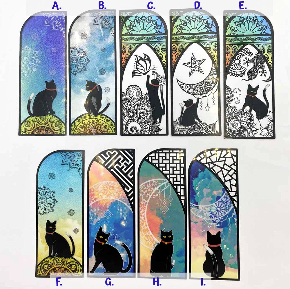vibrant stainded glass effect plastic clear transparent cat bookmark bookmarks book mark black cats pretty cute kawaii stationery uk gift gifts window magic magical stars moon silhouette