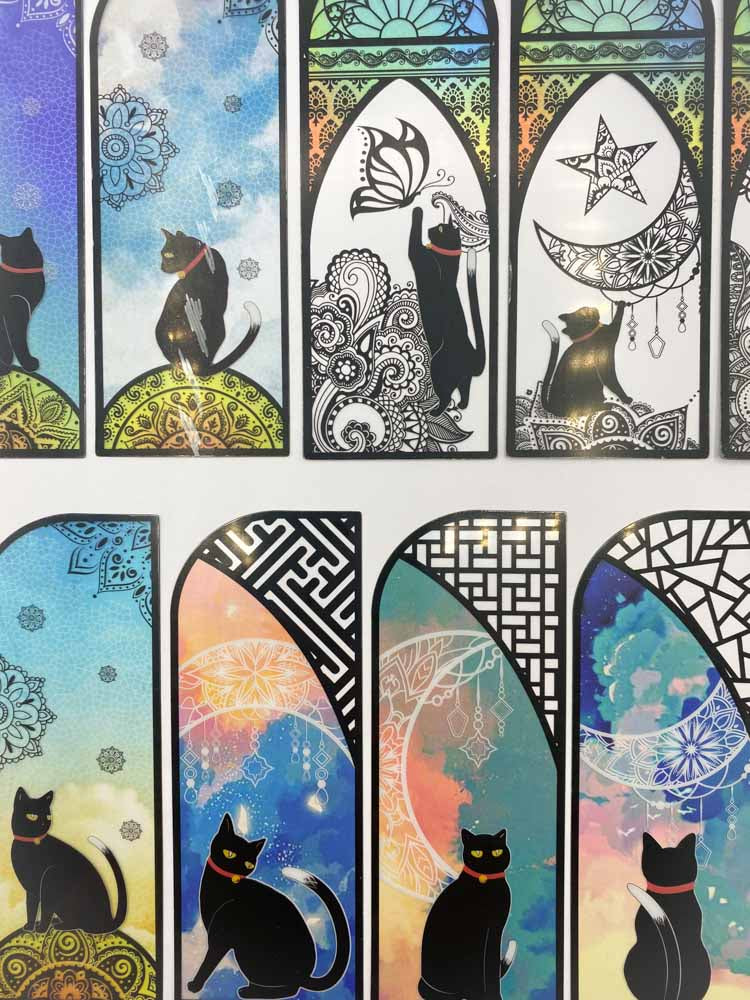 vibrant stainded glass effect plastic clear transparent cat bookmark bookmarks book mark black cats pretty cute kawaii stationery uk gift gifts window magic magical stars moon silhouette