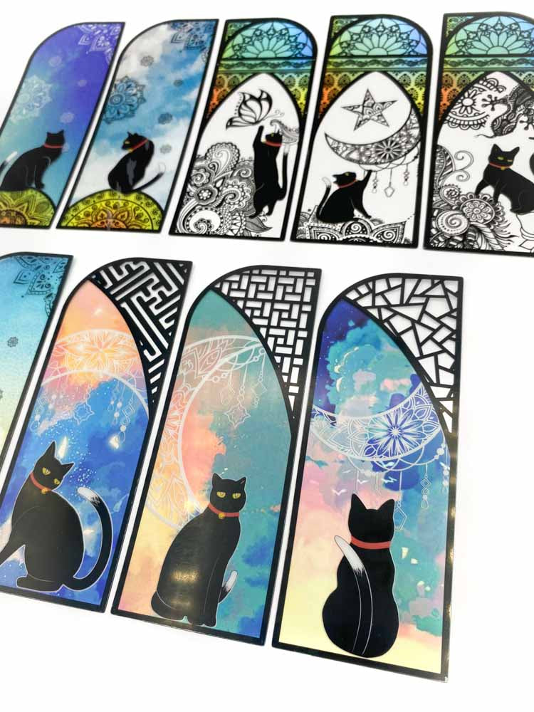 vibrant stainded glass effect plastic clear transparent cat bookmark bookmarks book mark black cats pretty cute kawaii stationery uk gift gifts window magic magical stars moon silhouette