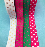 polka dot elastic elastics ribbon ribbons stretch foe fold over 15mm yard pink spotty spot spots dots white gold foil green cerise