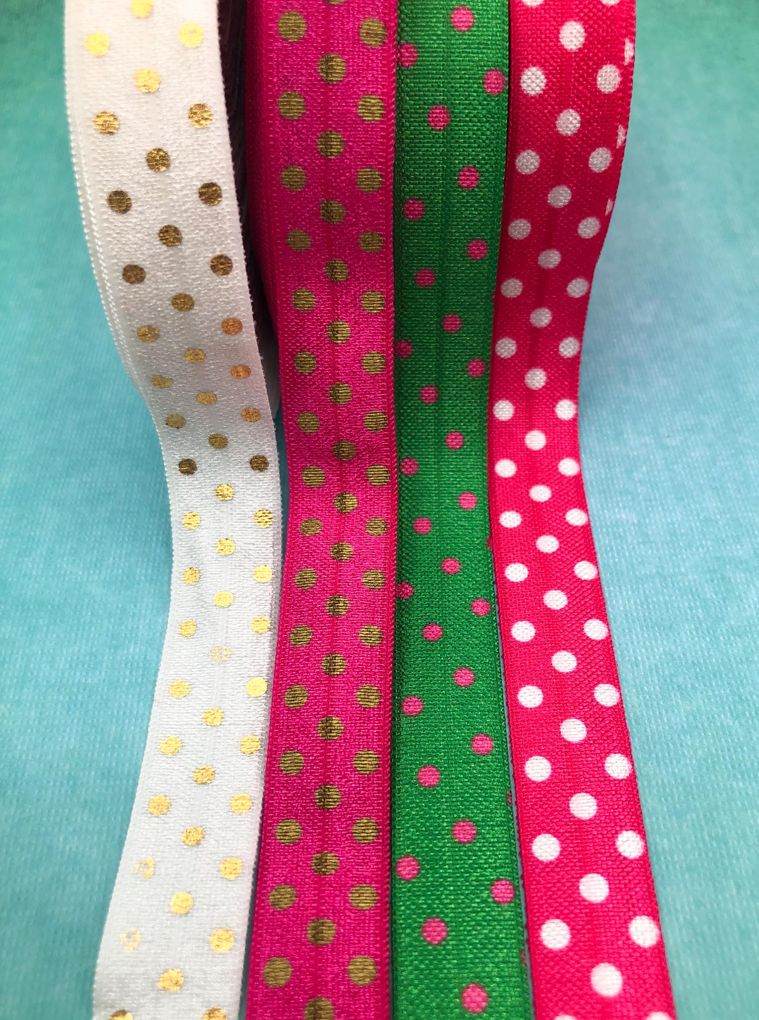polka dot fold over elastic elastics foe ribbon stretch yard spot spotty cerise pink white gold green uk craft supplies dots ribbon ribbons