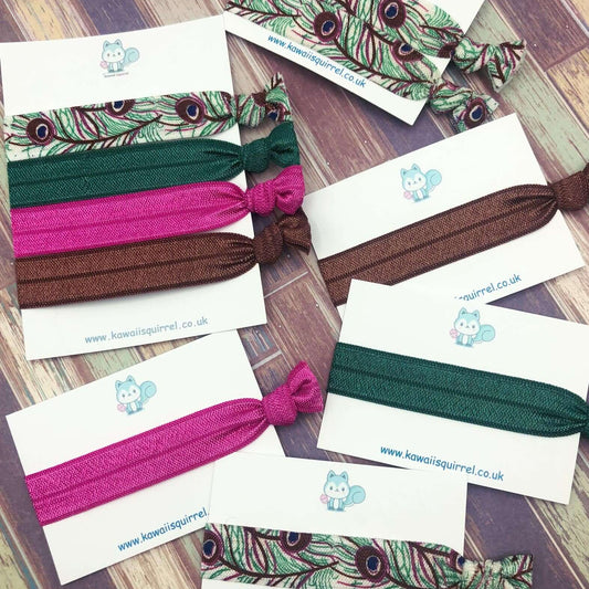 vintage peacock retro purple pink green feather feathers hair tie ties bands elastics set gift uk cute kawaii accessory band bows