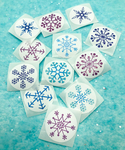 snowflake snowflakes pretty sticker stickers seals seal round 30mm cute kawaii packaging supplies festive christmas wrapping stationery blue purple