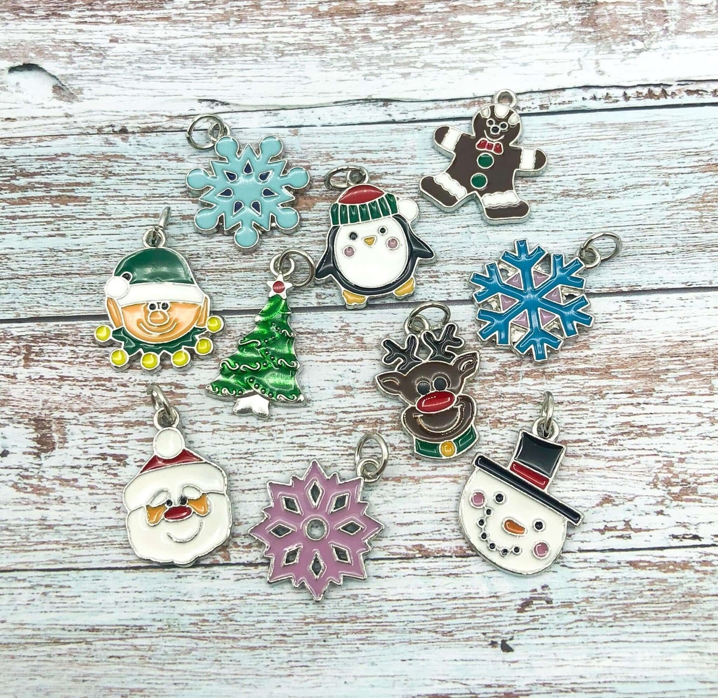 christmas enamel silver tone metal charms penguin snowflake santa claus father snowman gingerbread man tree elf reindeer rudolph uk craft supplies charm
