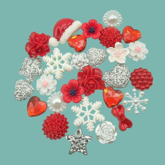 red silver and white fb flat back bundle craft bundles christmas festive sparkly glitter resin acrylic flower flowers uk craft supplies