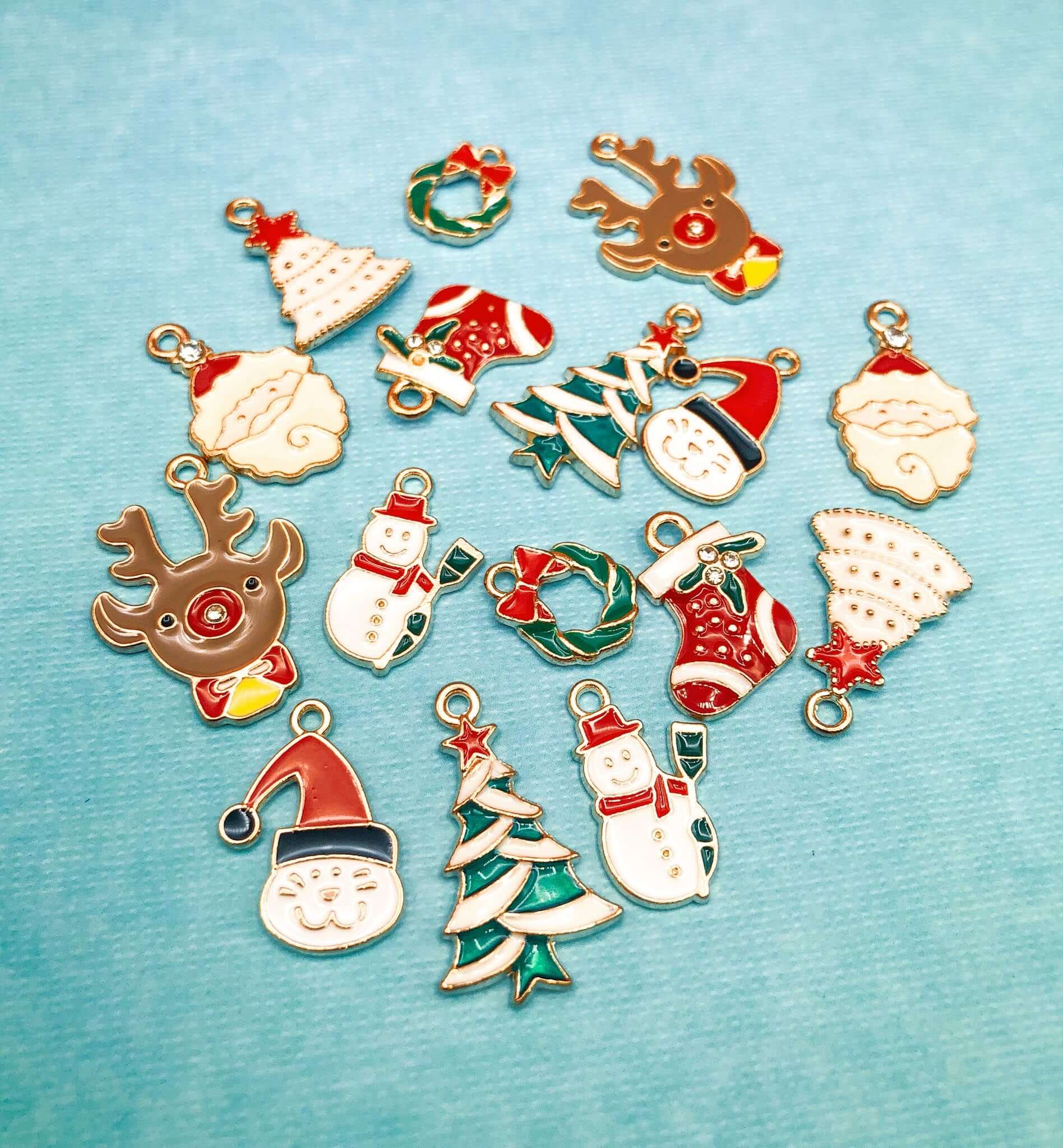 gold tone metal enamel enamelled christmas festive charm charms uk cute kawaii craft supplies snowman rudolph tree cat stocking santa wreath 