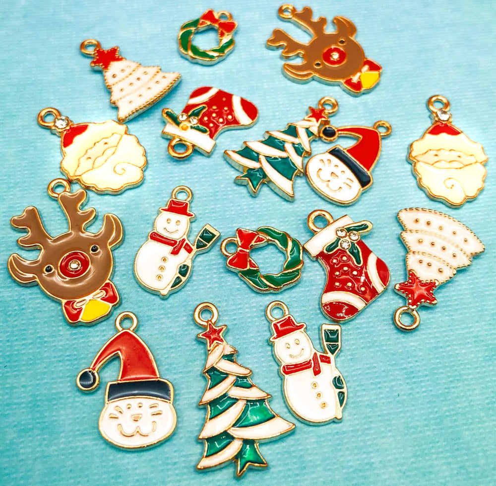 christmas enamel gold tone metal charm charms uk cute kawaii craft supplies festive father santa cat hat stocking tree snowman rudolph reindeer wreath