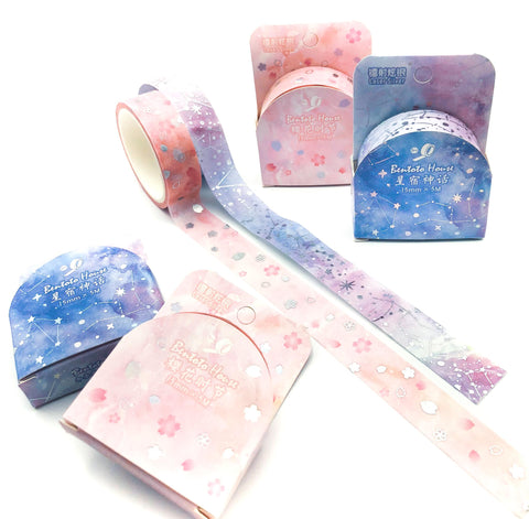 silver foil holo holographic galaxy flower pink blue 5m boxed washi tape uk cute stationery kawaii tapes