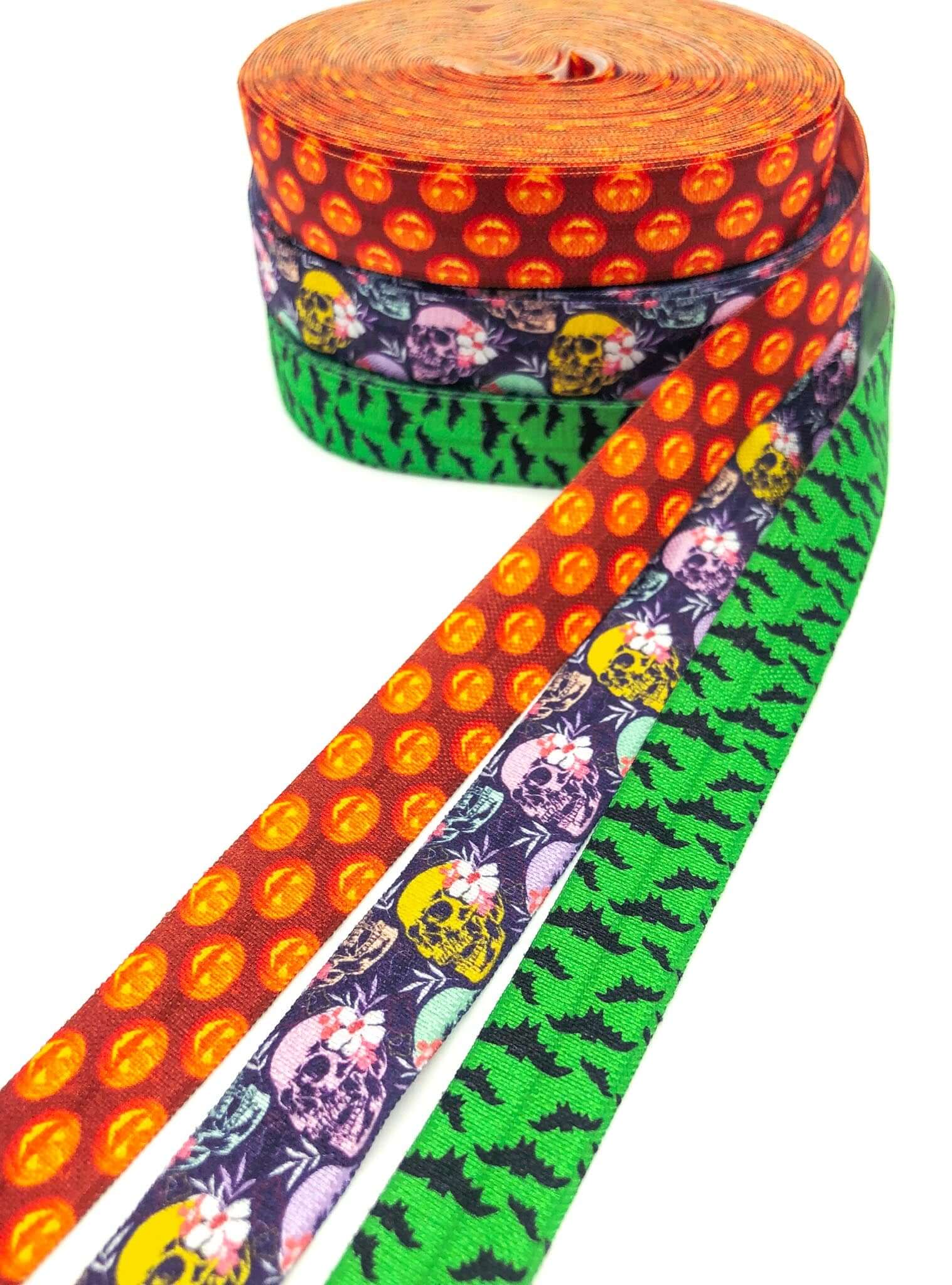 halloween spooky elastic foe ribbon ribbons elastics green bats floral skull skulls orange pumpkin pumpkins yard stretch foe uk craft supplies