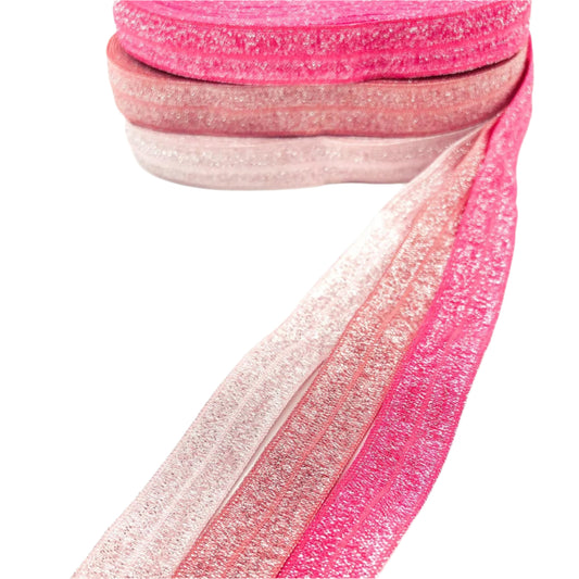 shades of pink glitter pinks elastic hot cerise bright pale light peach glittery foe fold over elastics ribbon yard uk craft supplies