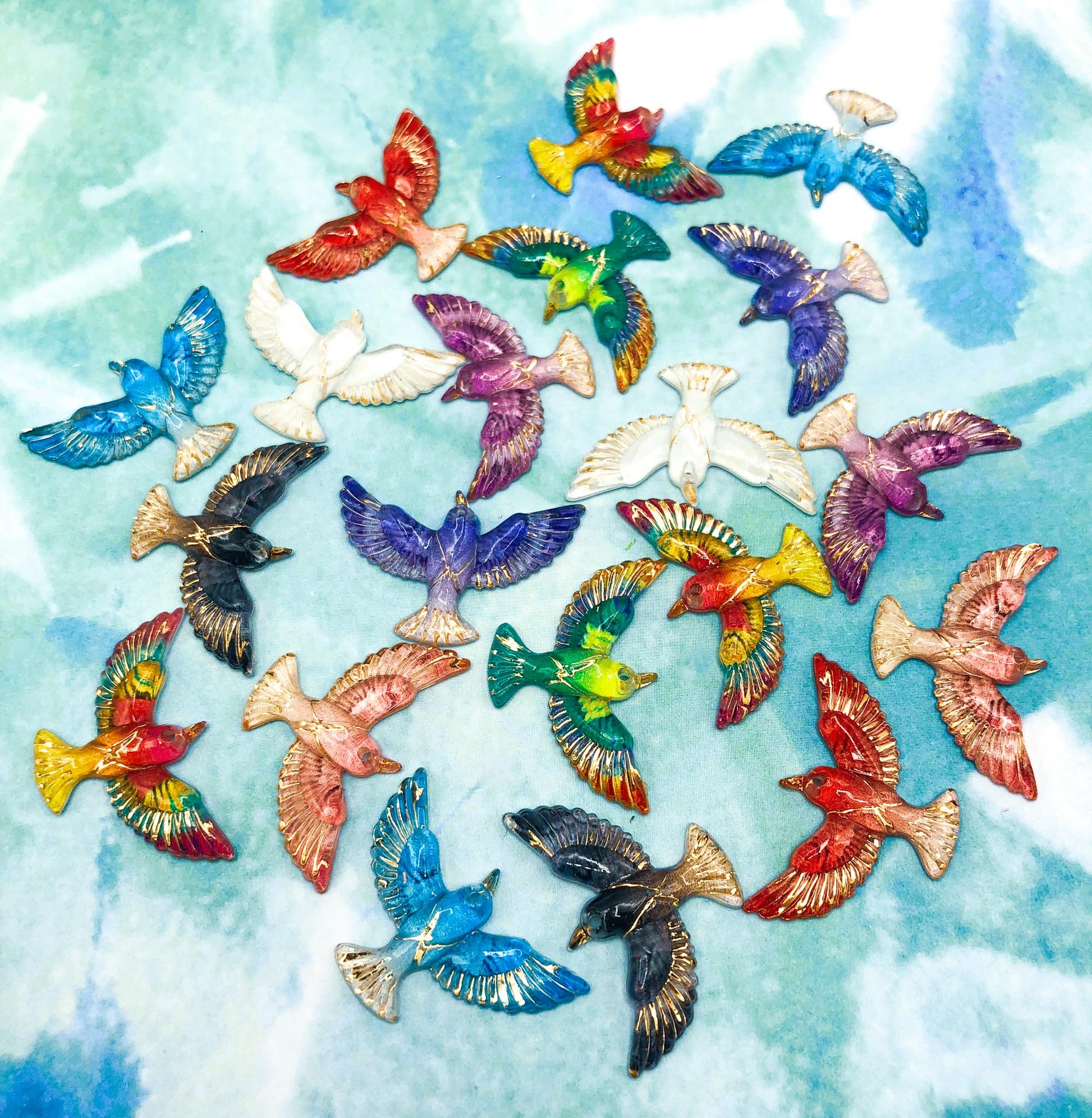 pretty acrylic bird birds gold foil detail resin flying fb flatback flat back embellishment uk cute kawaii craft supplies blue lilac pink red white black purple