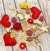 gold red christmas festive embellishment bundle bundles flat back fbs flower leaves holly rose glitter uk cute kawaii craft supplies cabochons