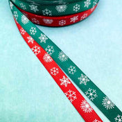 narrow slim skinny 9mm 10mm satin snowflake snow flake snowflakes ribbon uk cute kawaii craft supplies white red dark green festive christmas ribbons