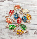 leaf leaves charm charms enamel gold tone metal green blue gold golden peach pink red uk craft supplies pretty autumn