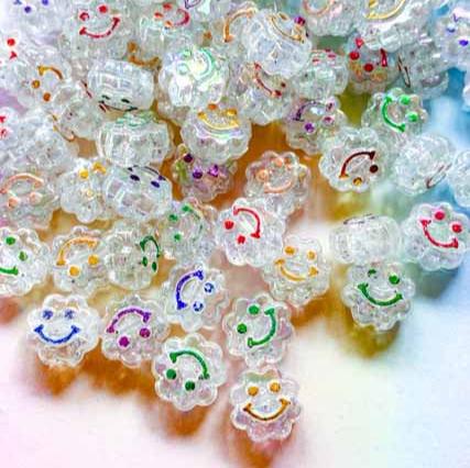 translucent clear glitter flower shaped sparkly happy face smiley faces beads cute kawaii craft supplies uk flowers bundle 11mm small translucent acrylic plastic aurora borealis shimmer rainbow