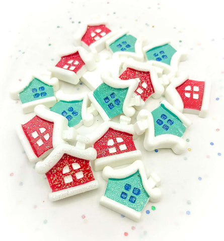 red and turquoise blue little house houses christmas cottage cottages home festive snow snowy glitter glittery ab fb flatback flat back resins uk craft supplies