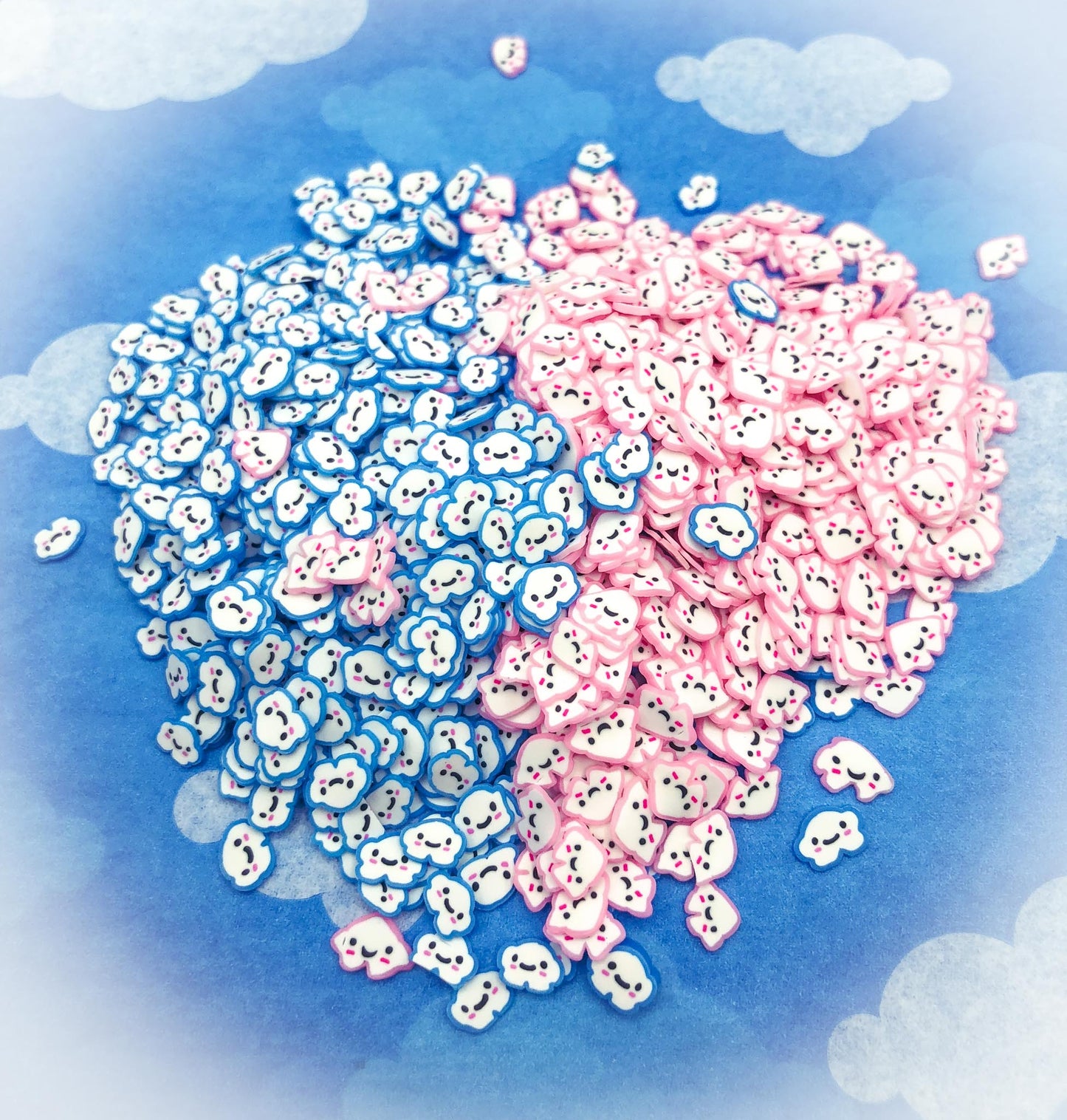 pink blue white poly polymer clay happy smiling cloud clouds slice slices sprinkle sprinkles decoden nail art craft supplies bundle of 50 small mini tiny uk