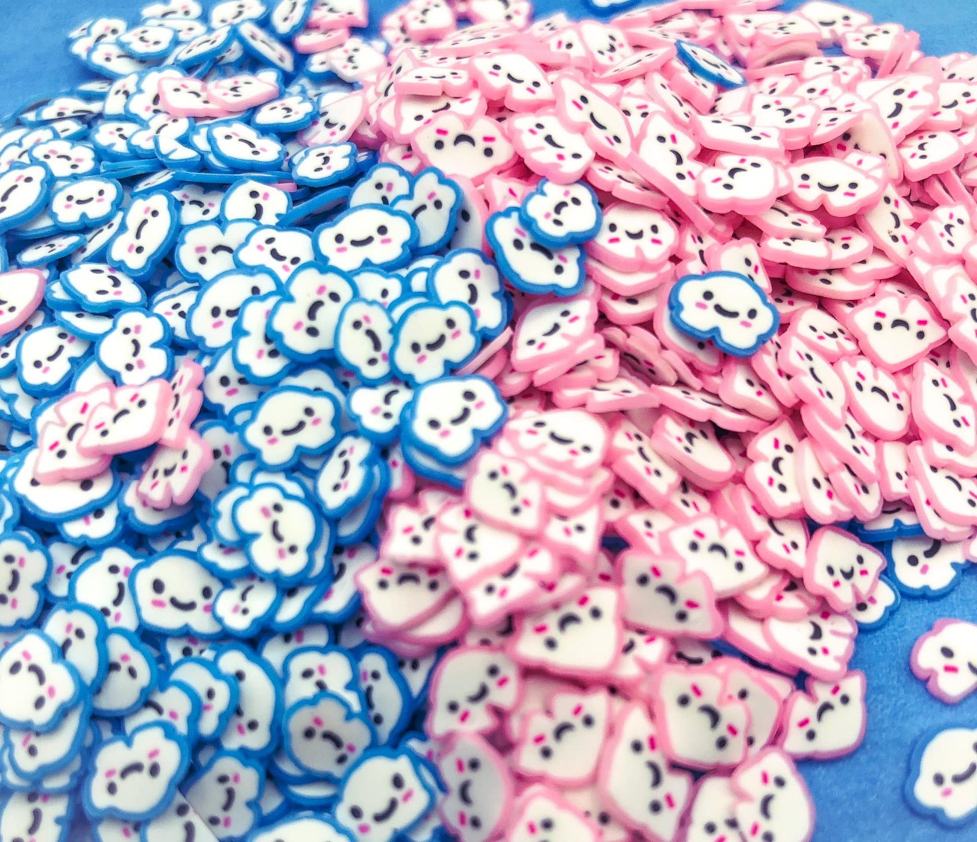 pink blue white poly polymer clay happy smiling cloud clouds slice slices sprinkle sprinkles decoden nail art craft supplies bundle of 50 small mini tiny uk