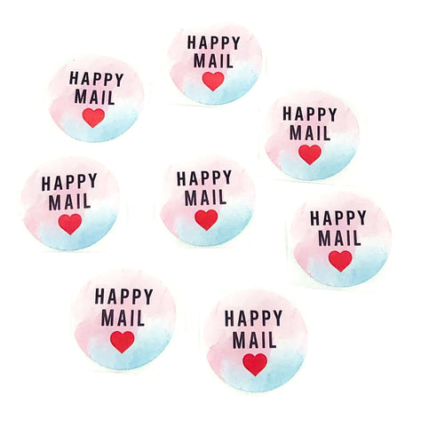 happy mail sticker stickers uk cute packaging seals 25mm round watercolour pink blue heart