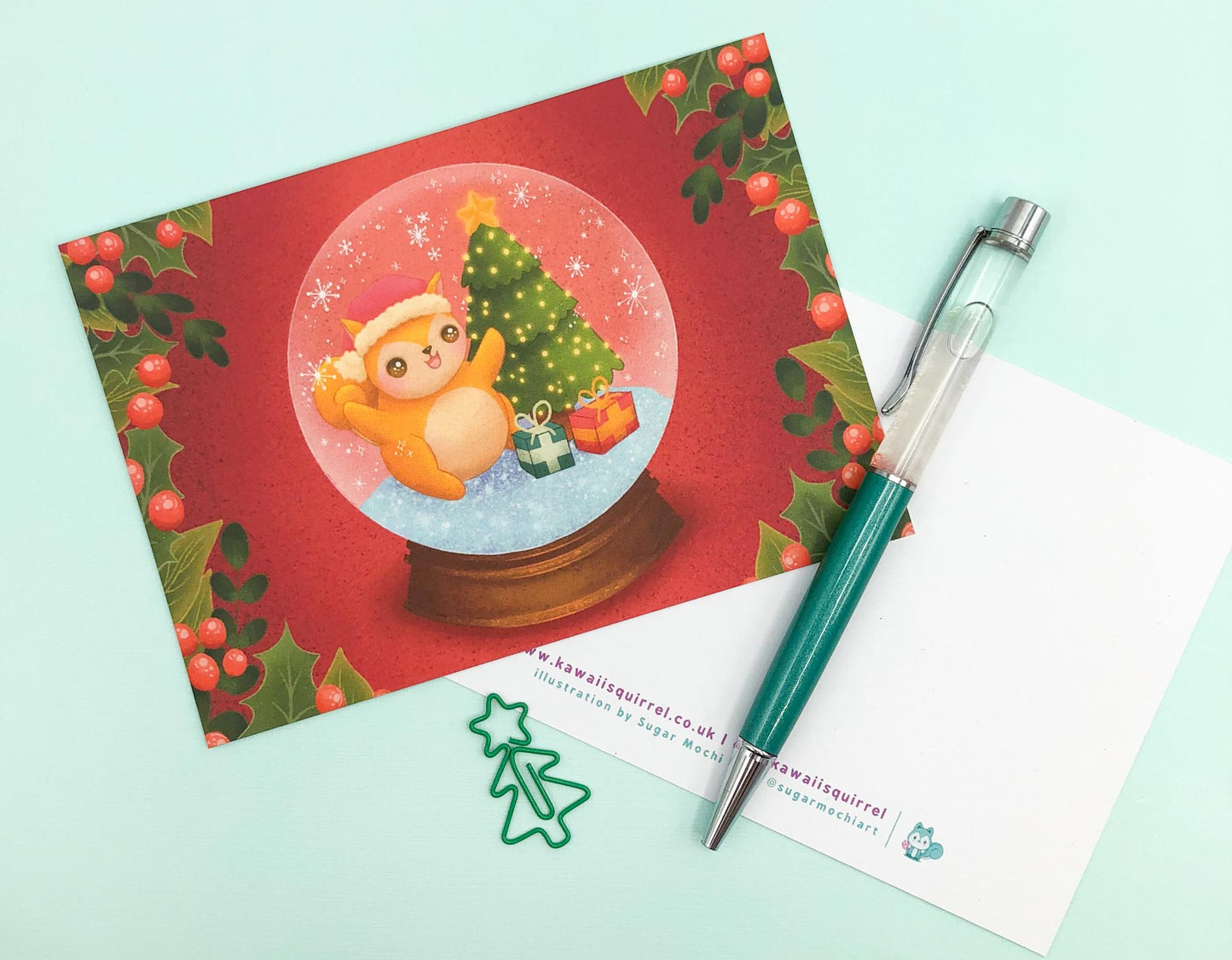 eco recycled handmade art postcard kawaii squirrel squirrels uk cards hand made artist exclusive winter happy christmas festive snow globe snowflakes tree red green holly leaves leaf presents cute kawaii stationery postcards gift gifts globes 