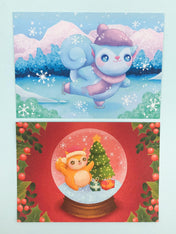 eco recycled handmade art postcard kawaii squirrel squirrels uk cards hand made artist exclusive set of 2 festive christmas icy snow snowy globe globes red blue purple pink green skating ice winter group cute kawaii stationery postcards gift gifts card sugarmochi sugar mochi