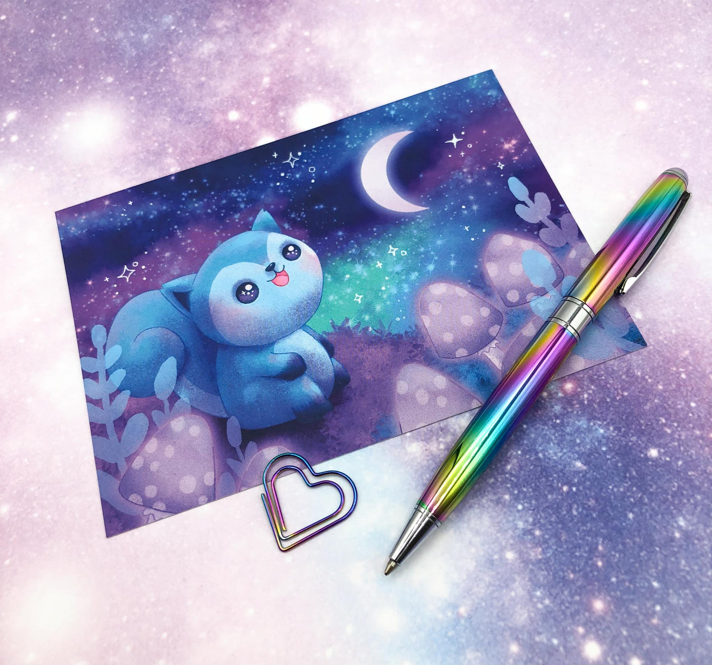 eco recycled handmade art postcard kawaii squirrel squirrels uk cards hand made artist exclusive purple turquoise galaxy magic magical night sky stars moon mushroom mushrooms cute kawaii stationery postcards gift gifts  card