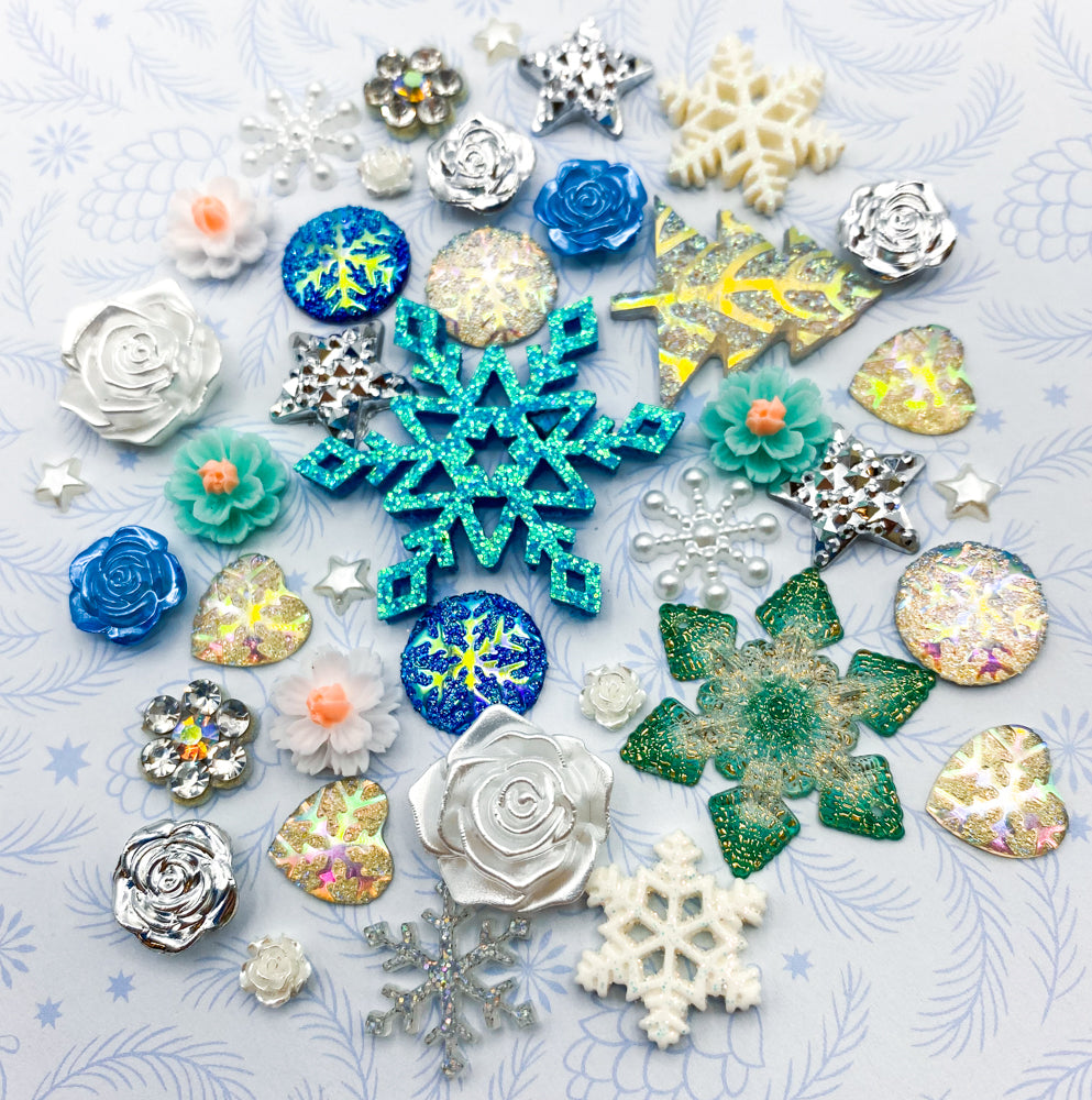 snow snowy christmas festive flat back bundle rose flower white pearl glitter blue turquoise silver star stars teal turquoise gold glitter snowflake snowflakes acrylic flatback fb uk cute kawaii craft supplies tree snowflakes heart hearts iridescent felt applique