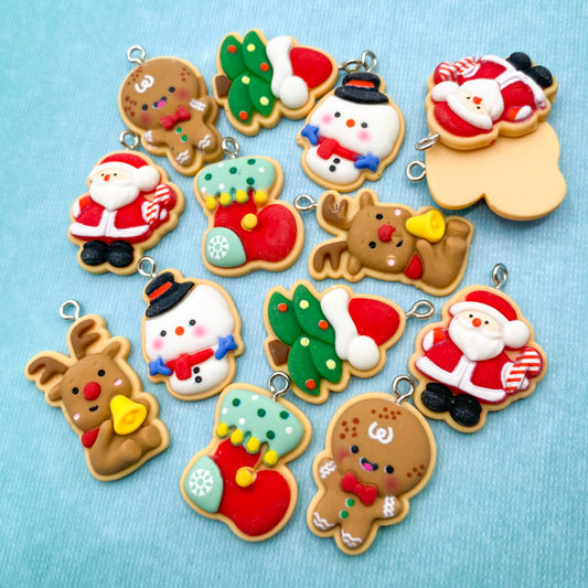 christmas festive gingerbread ginger bread cookie cookies charm charms resin cute kawaii uk craft supplies rudolph reindeer santa father tree snowman stocking boy man silver tone hooks pretty