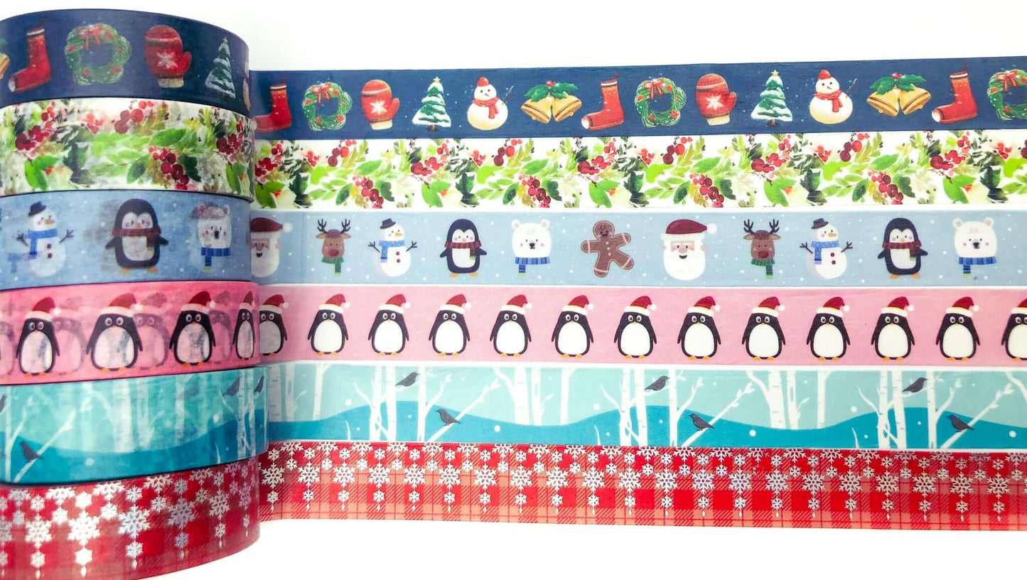 christmas 10m roll rolls washi tape tapes uk cute kawaii stationery planner supplies red pink green blue penguin snowflake woodland winter wreath festive