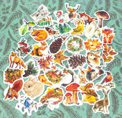 glossy plastic coated laptop sticker stickers autumn woodland tree leaves leaf fox rabbit pine cone mushroom bird birds uk cute kawaii stationery