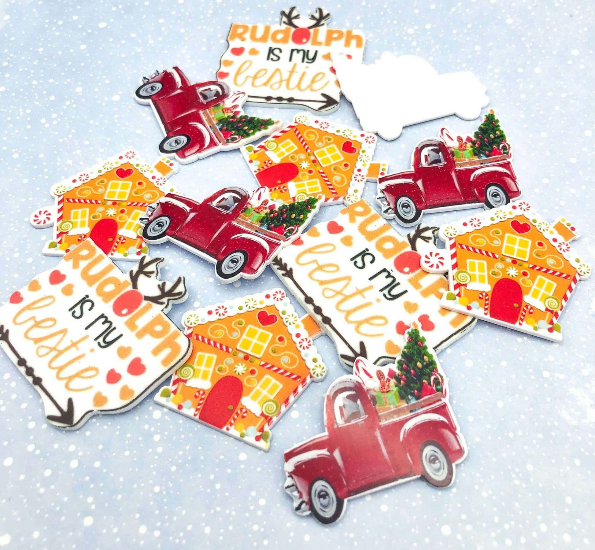 large christmas acrylic fb flat back fbs flatbacks resins red truck tree gingerbread house cottage rudolph is my bestie uk cute kawaii craft supplies 