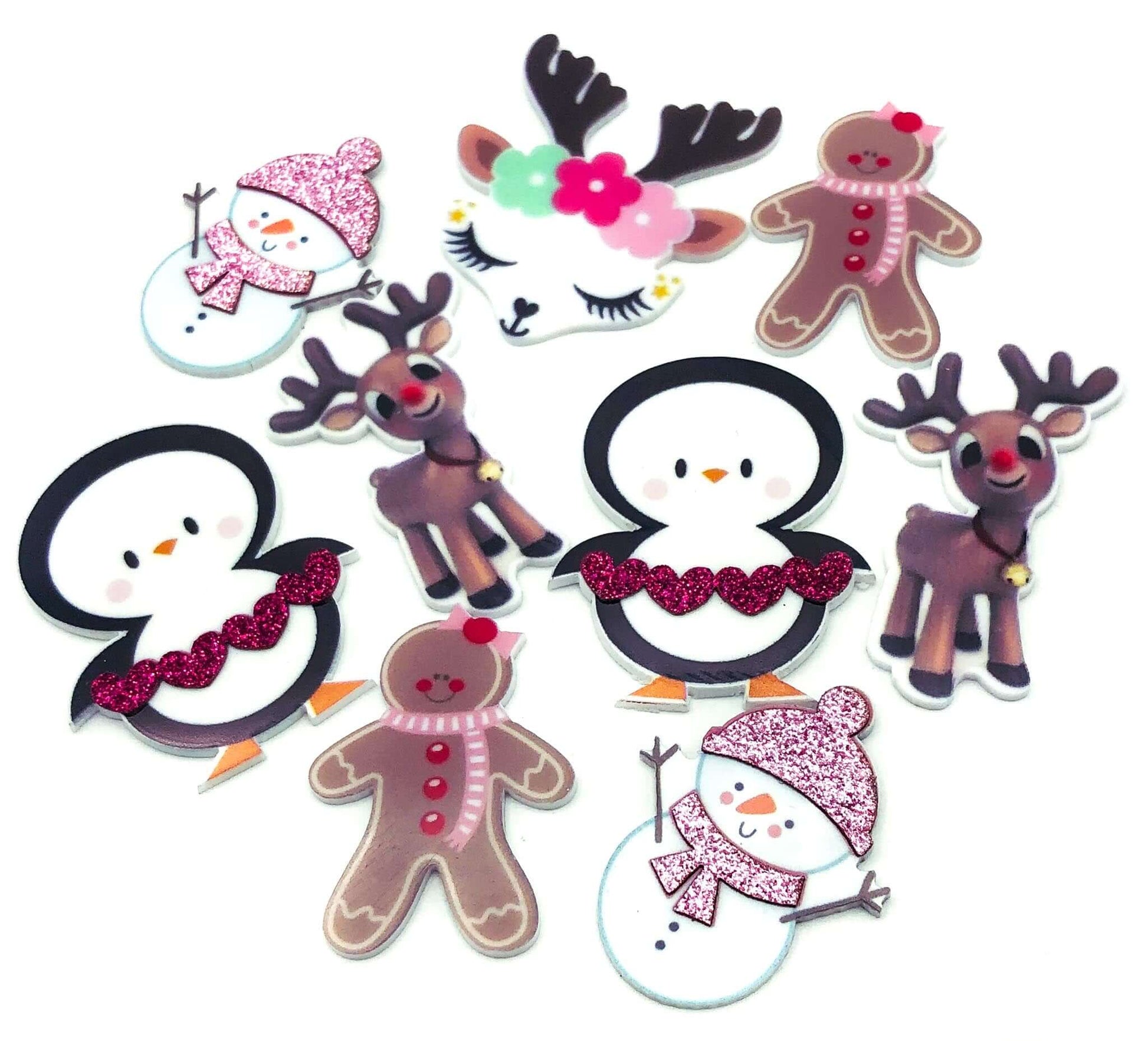 christmas acrylic fb flat back glitter planar reindeer rudolph gingerbread lady ginger bread snowman penguin uk kawaii cute fbs craft supplies festive flatback  embellishment 