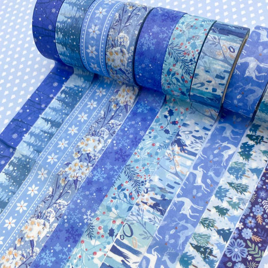 festive christmas snow snowy winter blue turquoise white snowflake snowflakes fir tree trees floral washi tapes uk tape stationery cute kawaii 5m roll snow flake deer dark navy turquoise