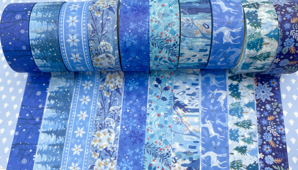 festive christmas snow snowy winter blue turquoise white snowflake snowflakes fir tree trees floral washi tapes uk tape stationery cute kawaii 5m roll snow flake deer dark navy turquoise