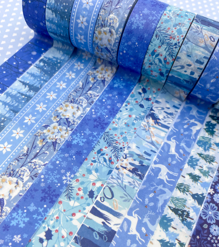 festive christmas snow snowy winter blue turquoise white snowflake snowflakes fir tree trees floral washi tapes uk tape stationery cute kawaii 5m roll snow flake deer dark navy turquoise