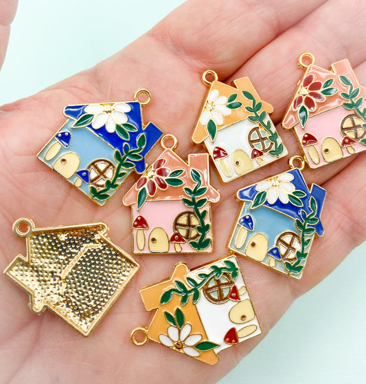 large enamel enamelled gold tone metal house houses magic magical fairy mushroom charms charm pendant uk cute kawaii craft supplies blue pink white