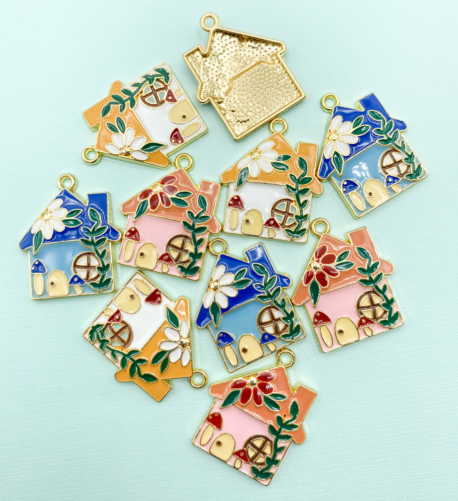 large enamel enamelled gold tone metal house houses magic magical fairy mushroom charms charm pendant uk cute kawaii craft supplies blue pink white fairies toadstool