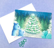 exclusive christmas festive card postcard postcards kawaii cute turquoise blue wood woodland tree trees squirrel rabbit deer uk stationery handmade illustration