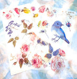 bird birds and flower flowers floral large translucent sticker stickers sheet pack of 3 uk cute kawaii washi paper stationery blue pink yellow nature leaves flowers