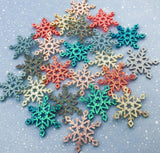 snowflake snow flake snowflakes felt applique appliques patch patches sew on glue craft supplies festive christmas uk glitter ab iridescent glittery shimmer teal white pink blue silver fabric