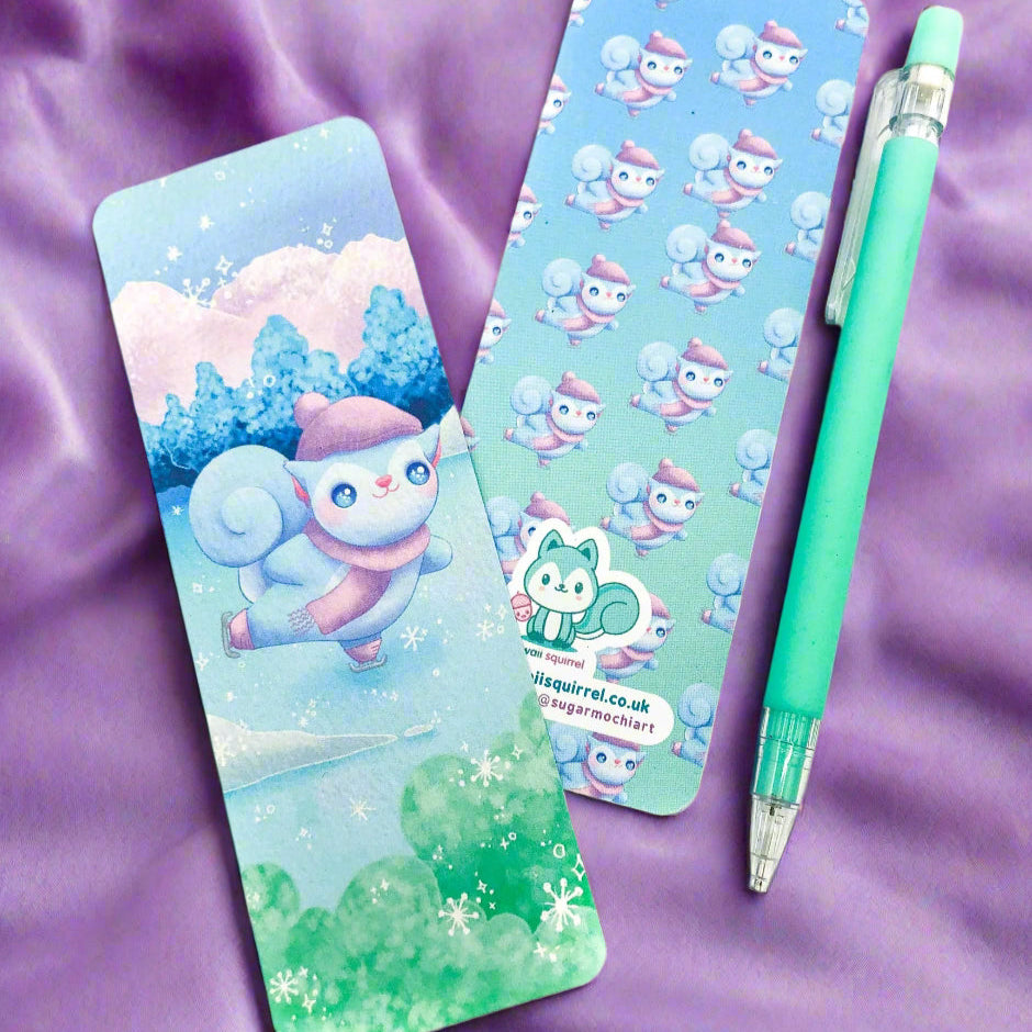 sugarmochi sugar mochi cute kawaii art bookmark book mark card uk handmade illustration squirrel pretty designed artist winter christmas snow snowflake snowing ice skating pink blue pretty festive christmas stocking filler gift pastel handmade art