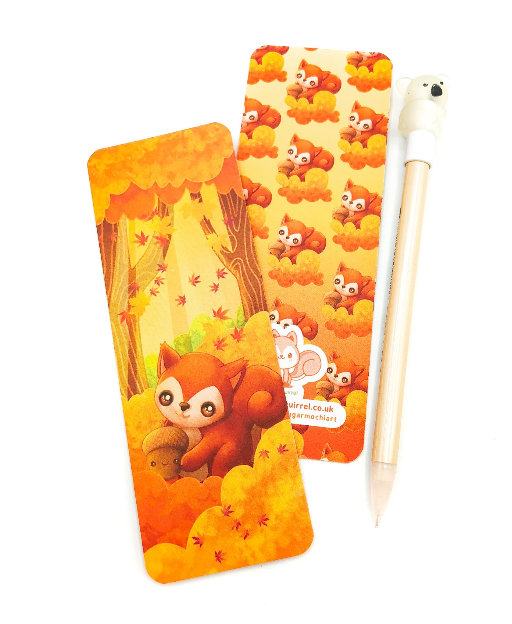 sugarmochi sugar mochi cute kawaii art bookmark book mark card uk handmade illustration squirrel pretty designed artist autumn orange leaves acorn trees wood woodland